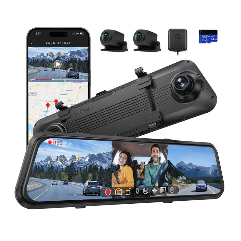 M4 3ch Mirror Dash Cam with 1080P 60fps Front+Rear+Bumper/Cabin Cameras, 12
