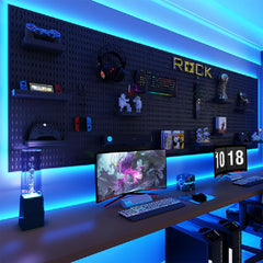 RGB Pegboard Wall Organizer with Smart IC LED Strip Lights, 2-Pack 12 x 24 Inch Heavy Duty Metal Peg Board with Hooks, DIY Gaming Room Setup Wall Mount Storage System